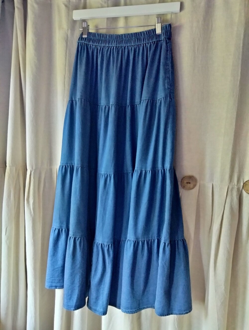 Women's Blue Tiered Maxi Skirt with Elastic Waist